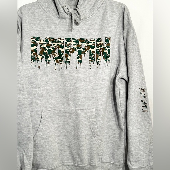 MENS LARGE GRAY WITH CAMO DRIPPIN SAUCE AVENUE HOODED HOODIE SWEATSHIRT - Picture 2 of 6